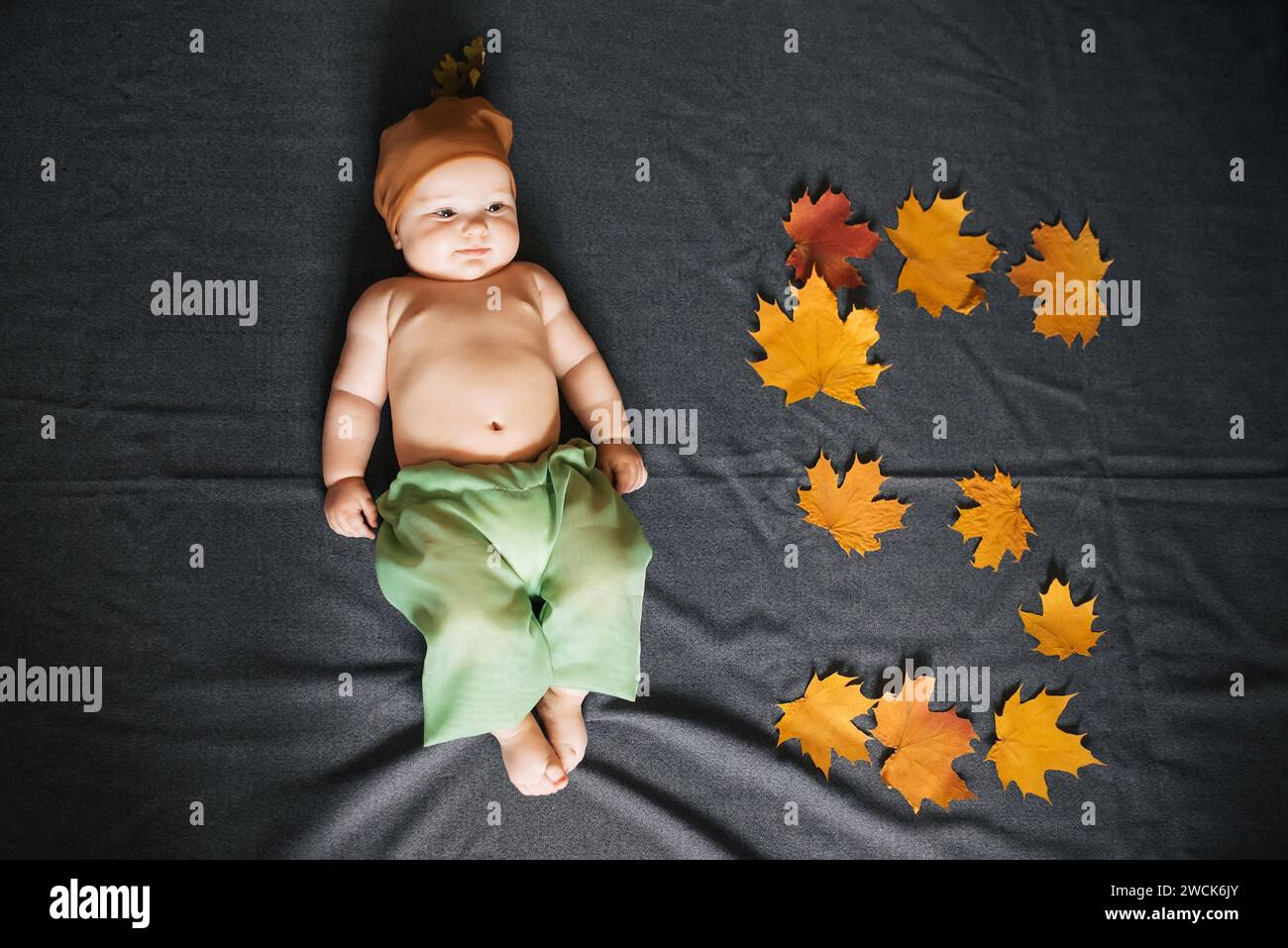 Neugeborener Junge lügt. Das kaukasische Baby ist fünf Monate alt und hat Ahornblätter. Draufsicht, flach Stockfoto