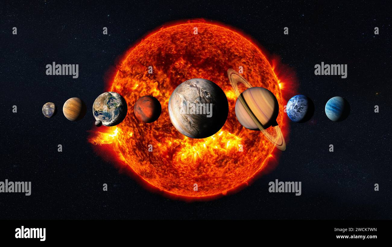 Sonnensystemplaneten mit Sonne und Sternen. Elemente dieses Bildes, bereitgestellt von der NASA. Stockfoto