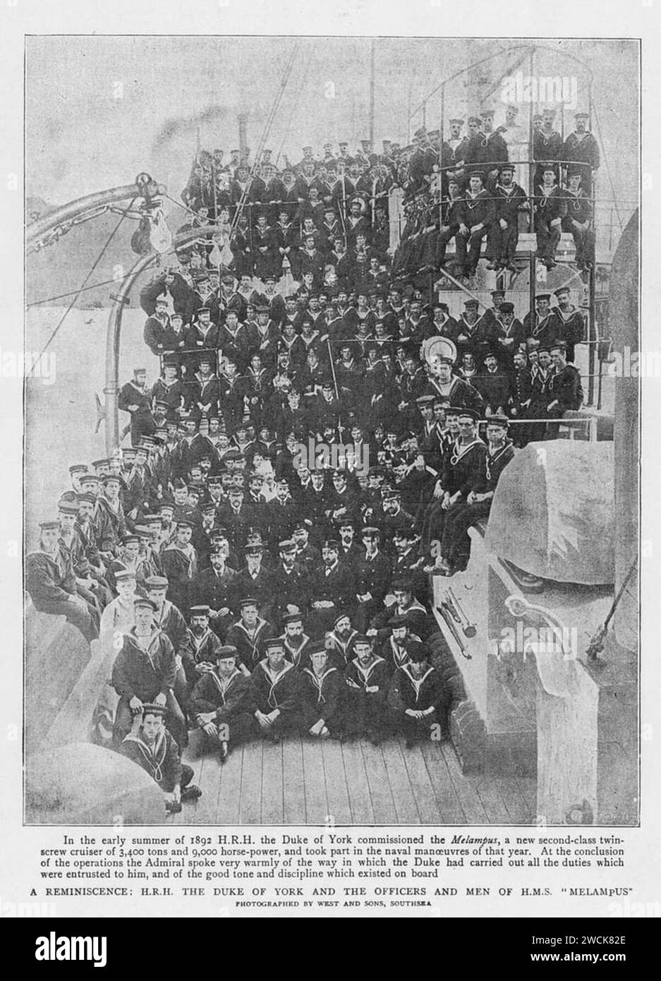 Eine Reminiszenz, HRH der Herzog von York und die Offiziere und Männer der HMS „Melampus“ - The Graphic 1893. Stockfoto