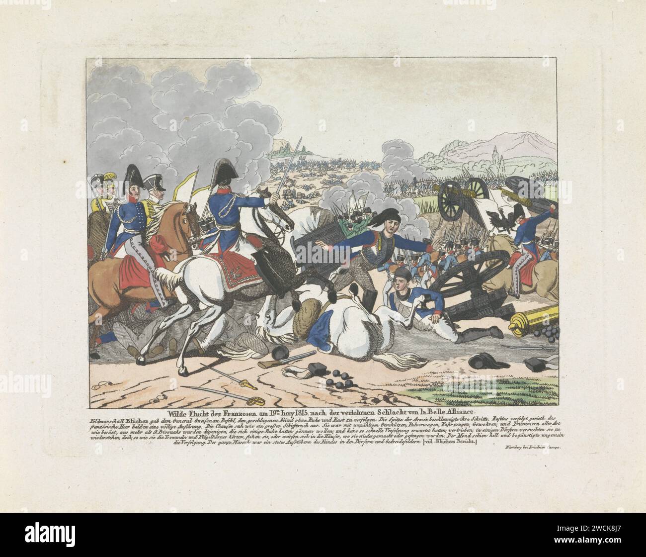 Flug der Franzosen nach der Niederlage in der Schlacht von Waterloo, 1815, Anonym, 1815 Print Flug der französischen Soldaten nach der Niederlage in der Schlacht von Waterloo, 18. Juni 1815. Links von Blücher und Preußischen Offficians zu Pferd. Druckerei: Deutscher Verlag: Neurenberger Papierätzkampf (+ Landstreitkräfte). Den Feind dazu bringen, Waterloo zu fliegen Stockfoto