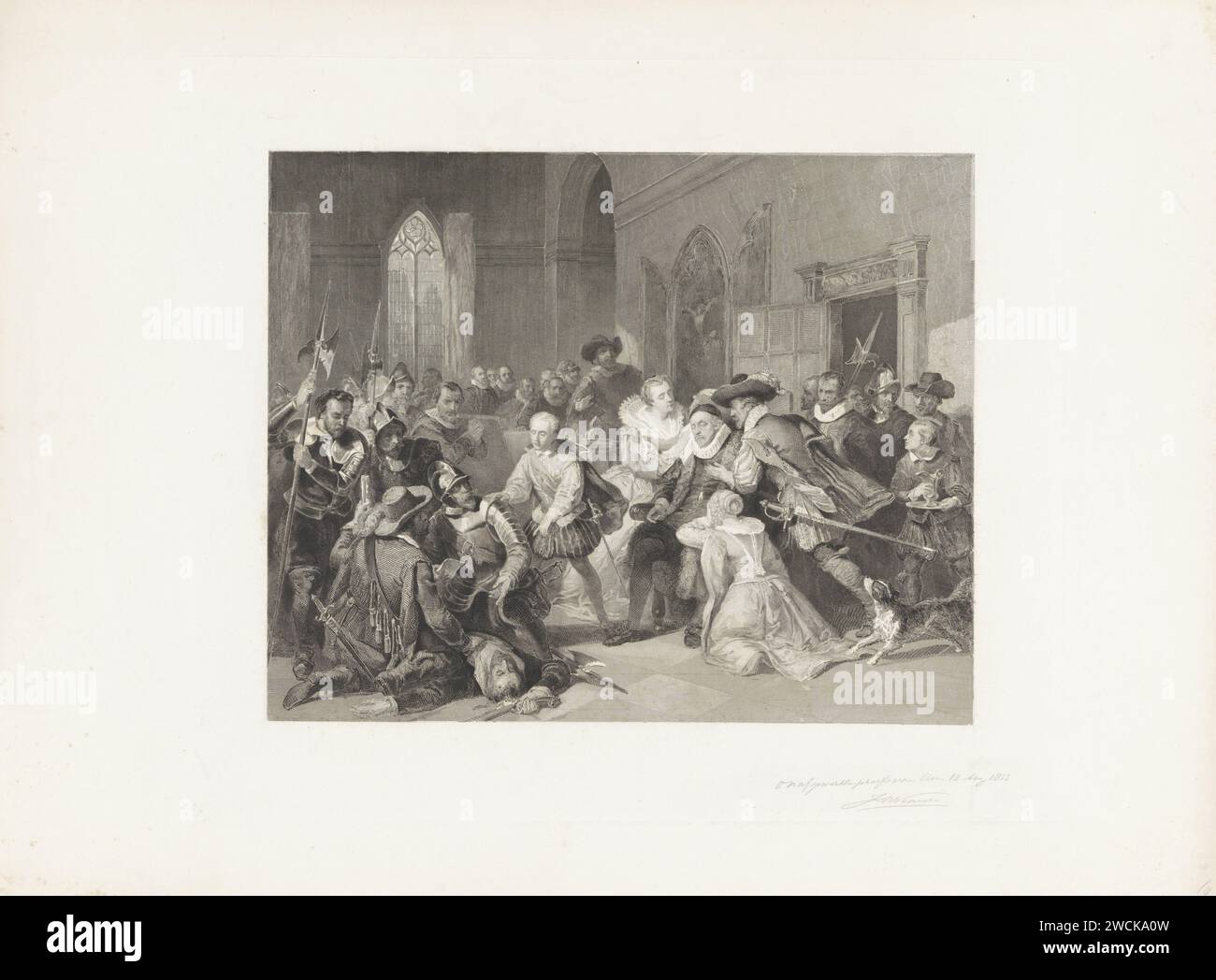 Angriff von Jean de Jauregui auf Prinz Wilhelm I., 18. März 1582, Johann Wilhelm Kaiser I., nach Nicolaas Pieneman, 1853 Druck Jean de Jauregui Angriff auf Prinz Wilhelm I., 18. März 1582 in Antwerpen. Innenraum mit dem Prinzen, der in einem Stuhl verletzt wird, mit Familie und anderen um sie herum. Links auf dem Boden ist die Leiche des getöteten Jean de Jauregui. Maurits bittet die Soldaten, ihn zu untersuchen. Amsterdamer Papierätzung / Gravurerholung, Rekonvaleszenz des Kranken Antwerpen Stockfoto
