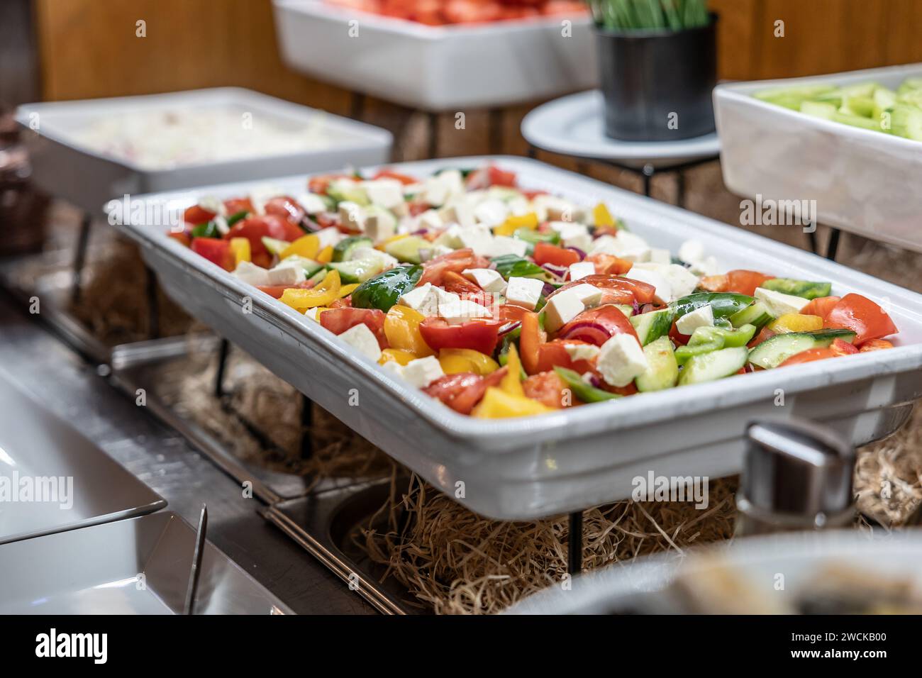 Catering-Mahlzeiten, die für Gäste bei einer Hochzeit oder einem Hoteldinner zubereitet werden. Gesunde Salate und anderes Gemüse. Stockfoto