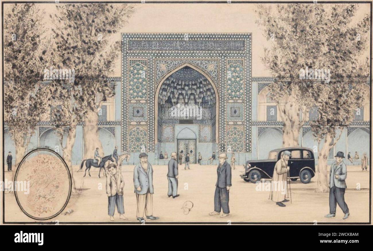 Ein Straßenblick auf die Chahar Bagh Madrasa in Isfahan, unterzeichnet Musavvir Hajj al-Mamalek, Qajar Iran, Anfang des 20. Jahrhunderts. Stockfoto