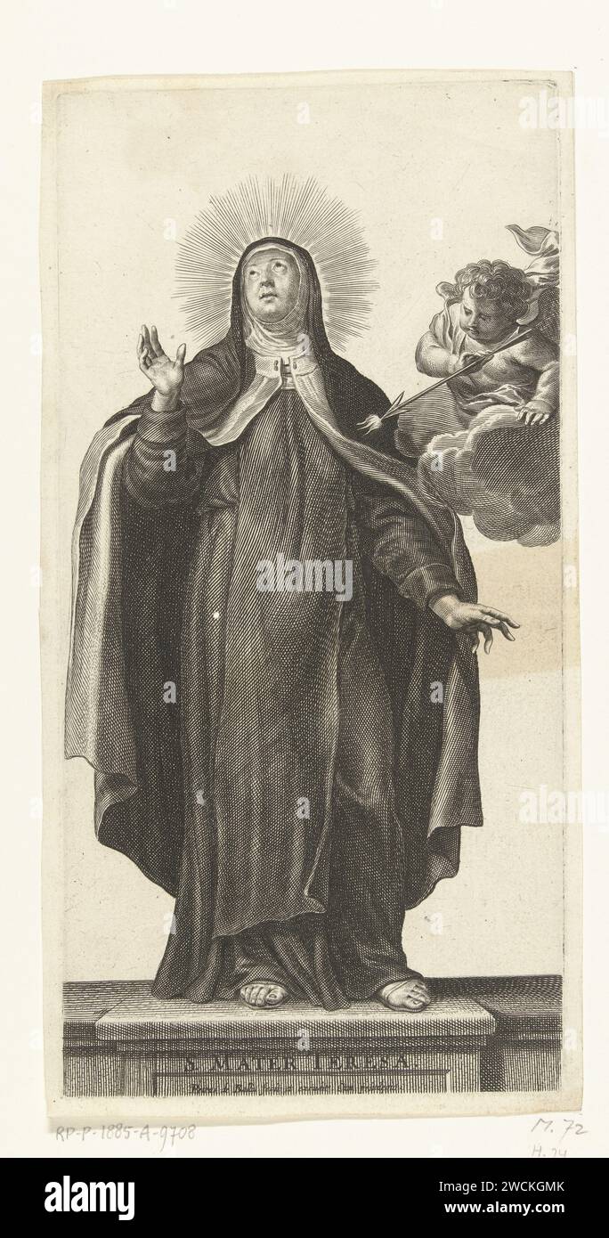 Heilige Theresia von Avila und Engel mit glühendem Pfeil, Pieter de Bailliu (I), 1623 - 1660 Druckpapier mit Gravur der Gründerin der reformierten Karmeliten, T(h)eres(i)a von Avila; mögliche Attribute: engel, Pfeil, Taube, Herz (flammend oder durch einen Pfeil durchstochen) Stockfoto