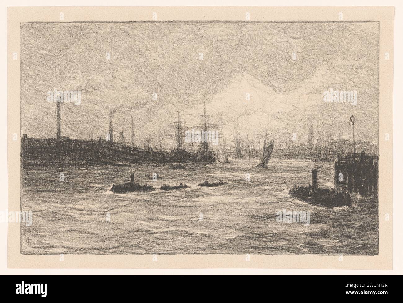 Haven of Hamburg, Carel Nicolaas Storm van 's-Gravesande, 1896 Print Tug Boote segeln im Vordergrund. Zwei Segelschiffe liegen im Hintergrund vor. Papierhafen Hamburg Stockfoto