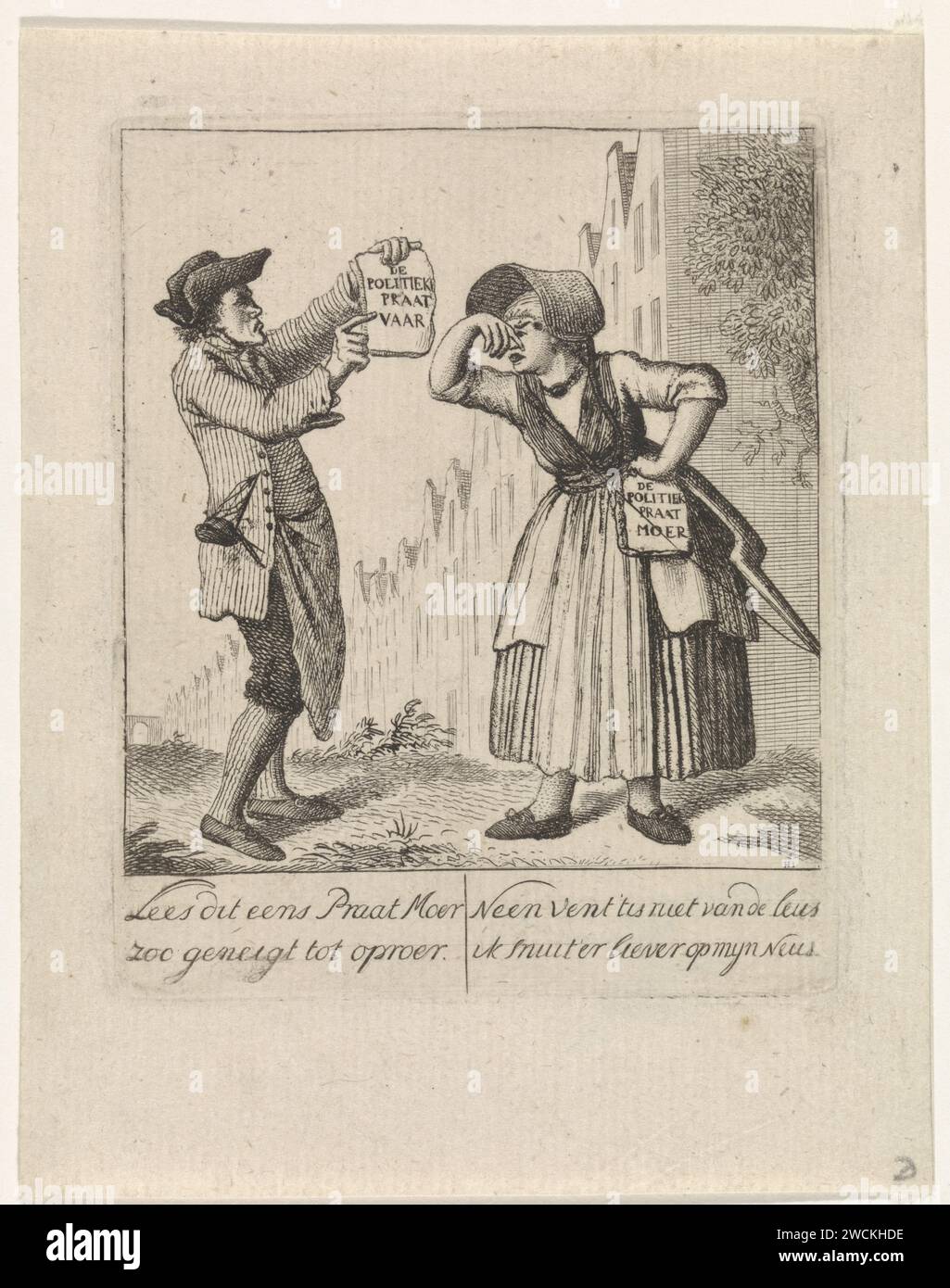 Politische Satire, Joannes Hulst Camp, 1774–1786 Druck links ein Mann mit einem Textblatt in der Hand: Der politische Vortrag. Rechts eine Frau, die ihre Nase drückt und mit einem Textblatt in der anderen Hand: Die politische Talknuss. Am unteren Rand: Lesen Sie das einmal, Moer talls so talls up to Aufruhr // kein Mann ist nicht von dem Slogan, den ich gerne auf meiner Nase sein möchte. Rotterdamer Papier, das politische Karikaturen und Satiren eingraviert. Die Nase zu halten Stockfoto