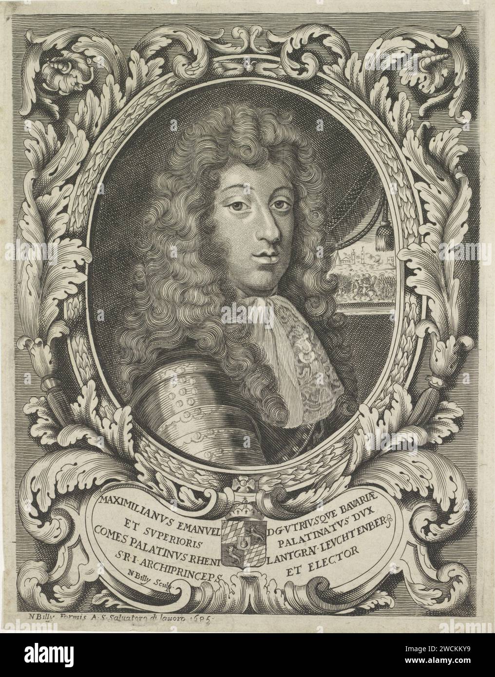 Porträt von Maximilian II. Emanuel van Bavaria, Nicolo Billy, 1685 Print Italien Papierstich historischer Personen Stockfoto