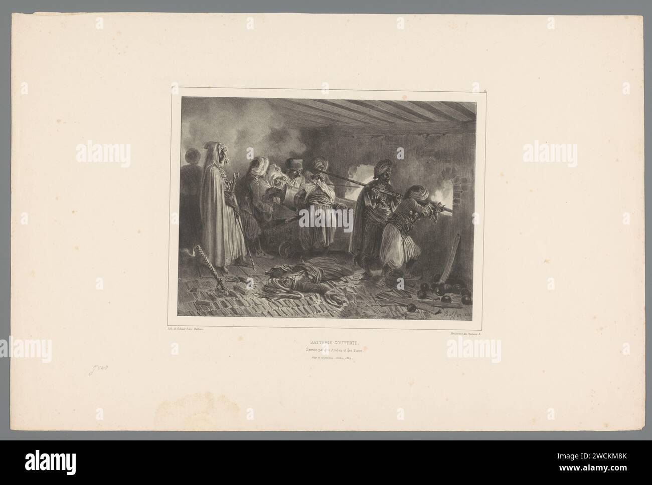 Arabische und türkische Soldaten greifen mit Kanonen an, Oktober 1837, Denis Auguste Marie Raffet, 1838 Druck Paris Papier. Der Soldat, das Leben des Soldaten. Schusswaffen: Kanone. Verteidigung der Festung oder Stadt Konstantin Stockfoto