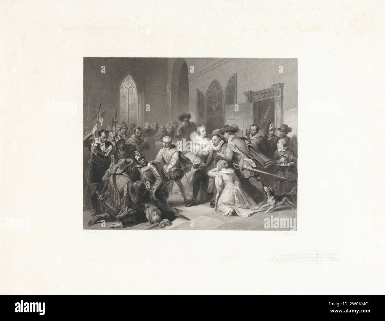Angriff von Jean de Jauregui auf Prinz Wilhelm I., 18. März 1582, Johann Wilhelm Kaiser I., nach Nicolaas Pieneman, 1853 Druck Jean de Jauregui Angriff auf Prinz Wilhelm I., 18. März 1582 in Antwerpen. Innenraum mit dem Prinzen, der in einem Stuhl verletzt wird, mit Familie und anderen um sie herum. Links auf dem Boden ist die Leiche des getöteten Jean de Jauregui. Maurits bittet die Soldaten, ihn zu untersuchen. Amsterdam Papierätzung / Gravur / Pinsel / Pinsel Antwerpen Stockfoto
