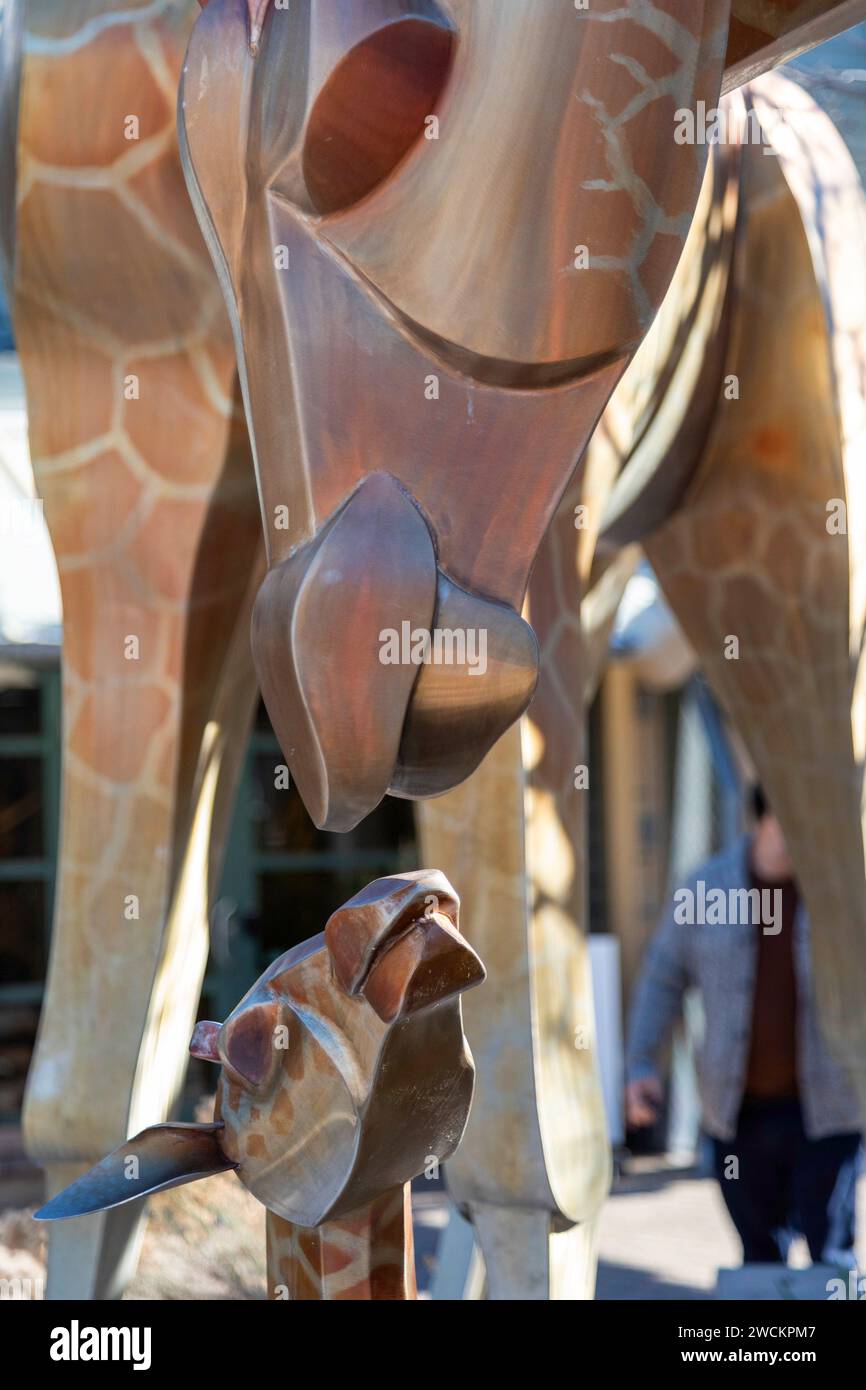 Denver, Colorado – Eine Skulptur einer Mutter und einer Babygiraffe im Zoo von Denver. Stockfoto