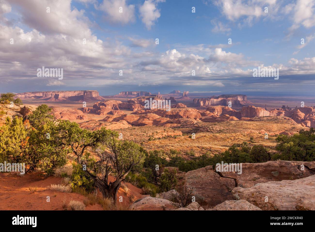 Vormittagsblick auf die Denkmäler im Monument Navajo Valley Tribal Park in Arizona. Von Hunt's Mesa aus gesehen. Stockfoto