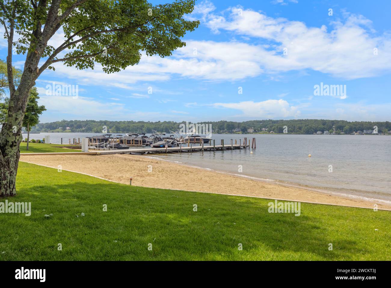 Eine ruhige Seeszene mit einem üppig grünen Hof, komplett mit einem Bootshaus und einladenden Picknicktischen Stockfoto