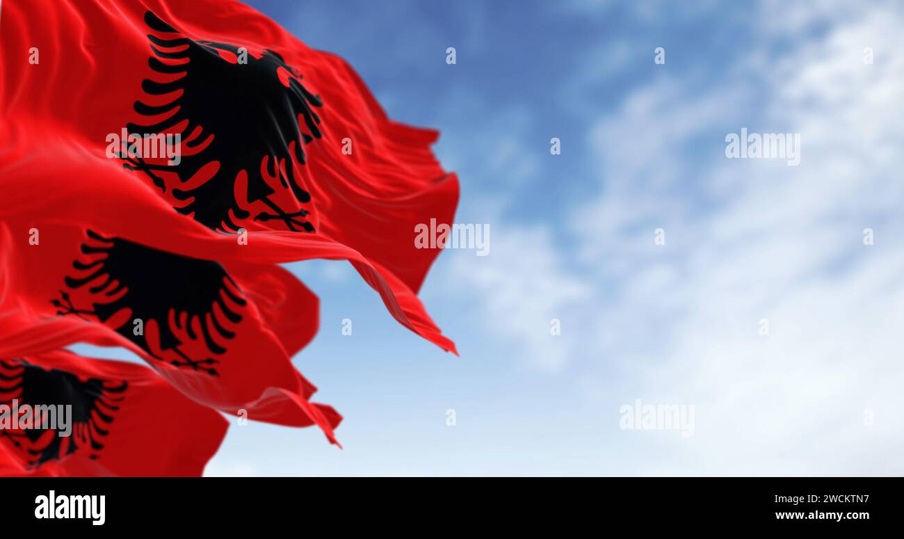 Albanische Nationalflaggen, die an klaren Tagen im Wind winken. Rote Flagge mit schwarzem zweiköpfigen Adler. 3D-Darstellung. Flatterndes Gewebe. Selektiv Stockfoto