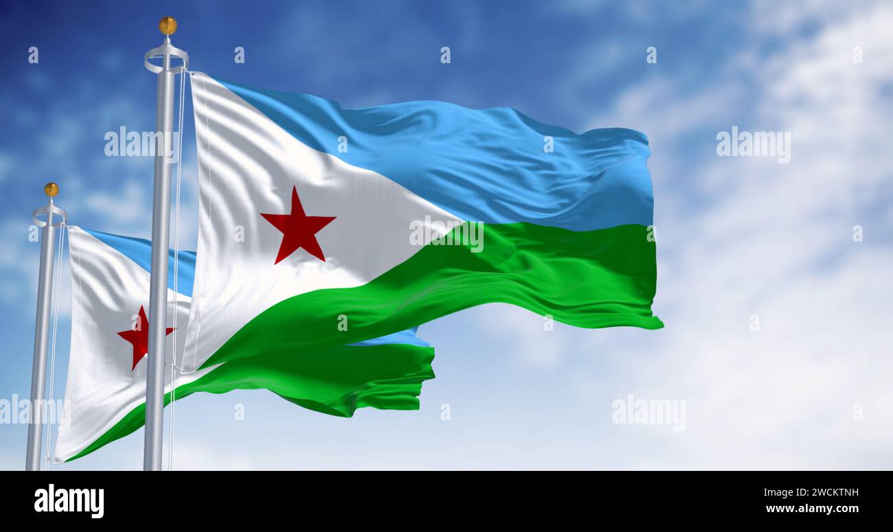 Die Nationalflagge von Dschibuti winkt an klaren Tagen. Horizontal zweifarbig mit gleichen Bändern aus Hellblau und Hellgrün, mit einem weißen gleichseitigen Dreieck Stockfoto