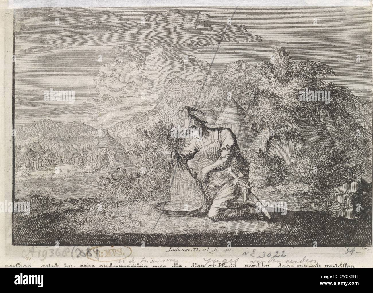 Gideon and de Wet Schaapwacht, Jan Luyken, 1703 - 1762 Print Maker: Haarlem Verlag: Amsterdam Papierätzung / Buchdruck Gideon drückt das Vlies und wringt eine Schüssel voll Wasser aus Stockfoto