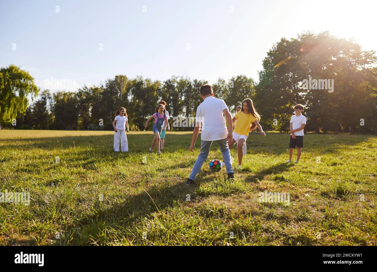Eine Gruppe kleiner Jungen und Mädchen spielt im Sommer in einem grünen Park Fußball Stockfoto