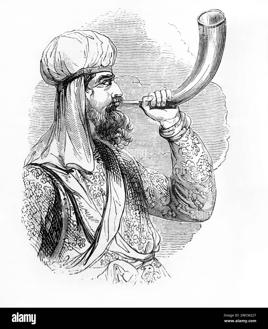 Illustration eines Priesters, der das Ochsenhorn Shofar aus der illustrierten Familienbibel bläst Stockfoto