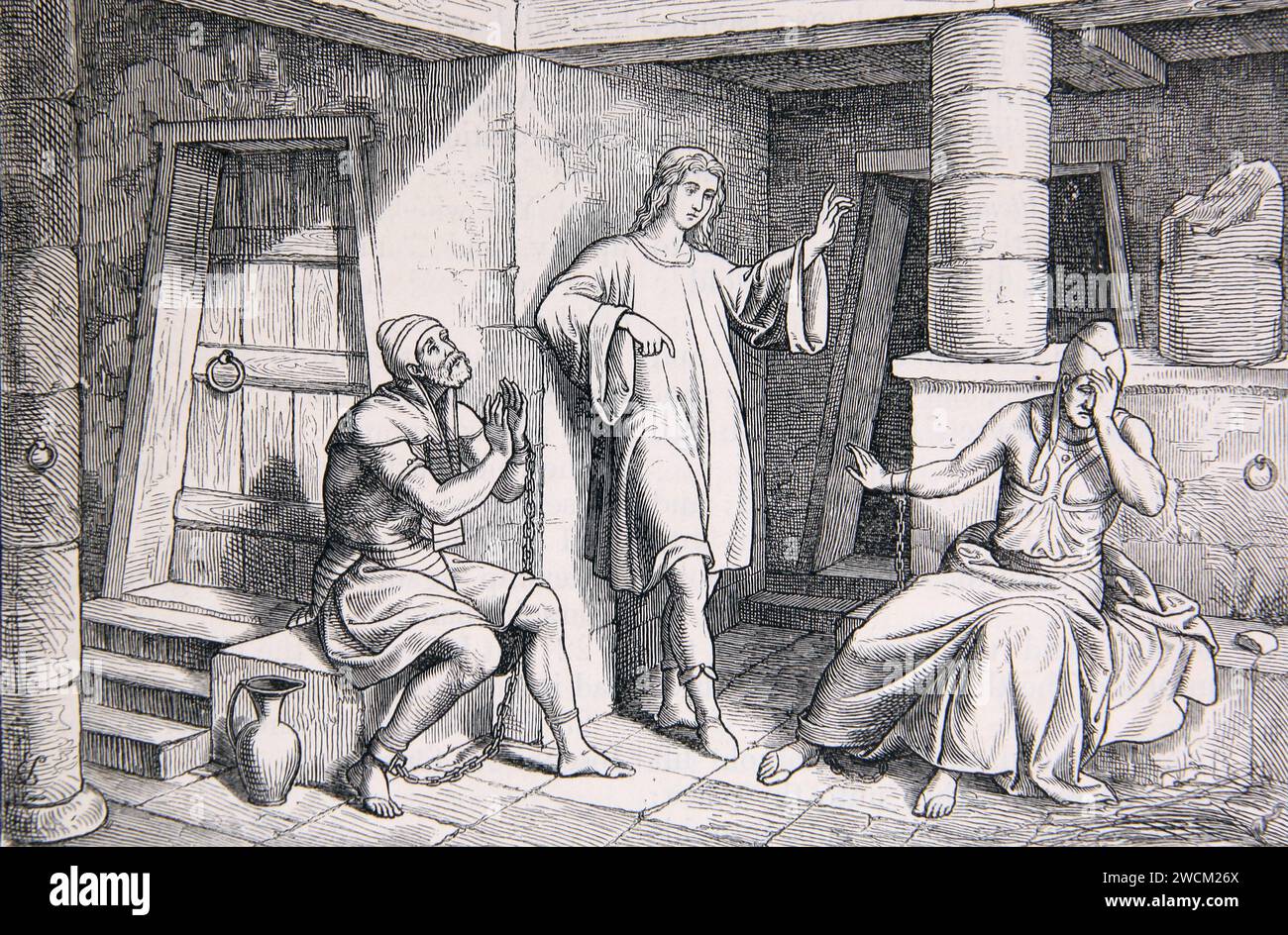 Abbildung: Joseph interpretiert die Träume des Butlers und der Bäcker im Gefängnis (Genesis) Stockfoto