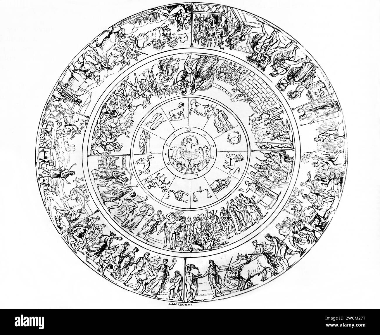 Holzgravierung des Schildes des des Achilles nach einem Entwurf von M. Quartemere DeQuincy aus der Illustrated Family Bible Stockfoto