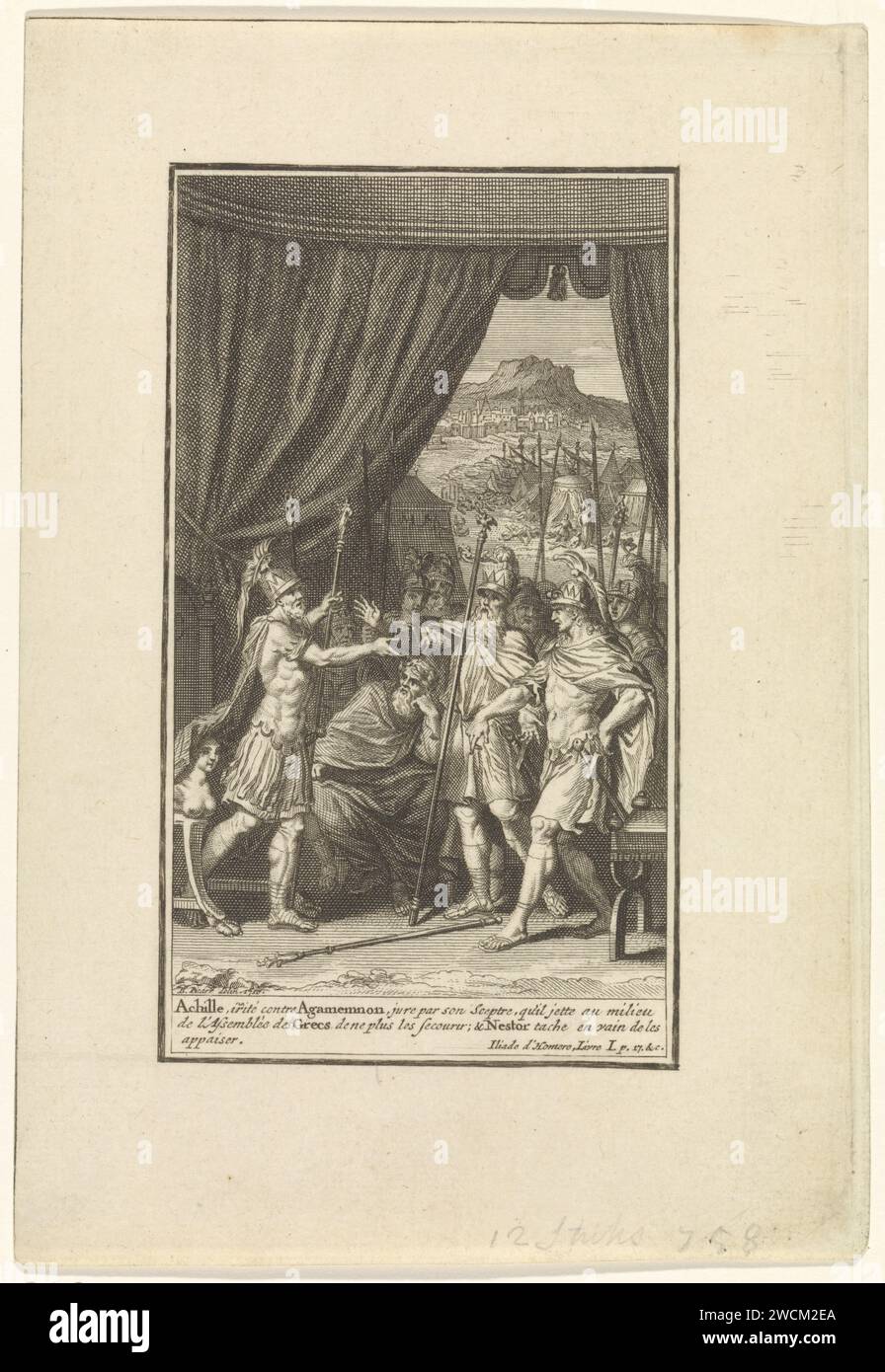 Twist tussen Achilles en Agamemnon, Bernard Picart (Werkstatt), nach Bernard Picart, 1710 Druck Achilles wirft König Agamemnon der Gier vor. Der König behauptet dann Brisei, eine Sklavin, die Achilles liebte. Der Weise nestor vermittelt im Konflikt. Im Hintergrund lässt Apollo die Pest im griechischen Lager absterben. Am Rand eine Beschriftung auf Französisch. Amsterdamer Papiergravur / Gravur des Streits über Briseis (Ilias I). Apollo schickt eine Pest ins griechische Lager. Sklaverei; Leibeigene und Versklavte Stockfoto
