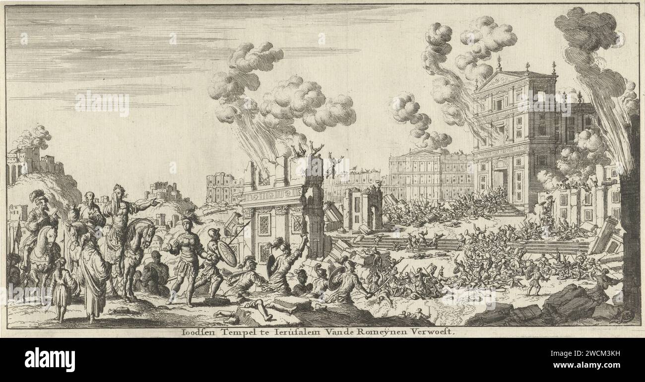 Römer zerstören einen jüdischen Tempel in Jerusalem, Jan Luyken, 1682 Druck Amsterdam Papier Gravur Ruine eines Gebäudes  Architektur. Angriff  Belagerung Jerusalem Stockfoto