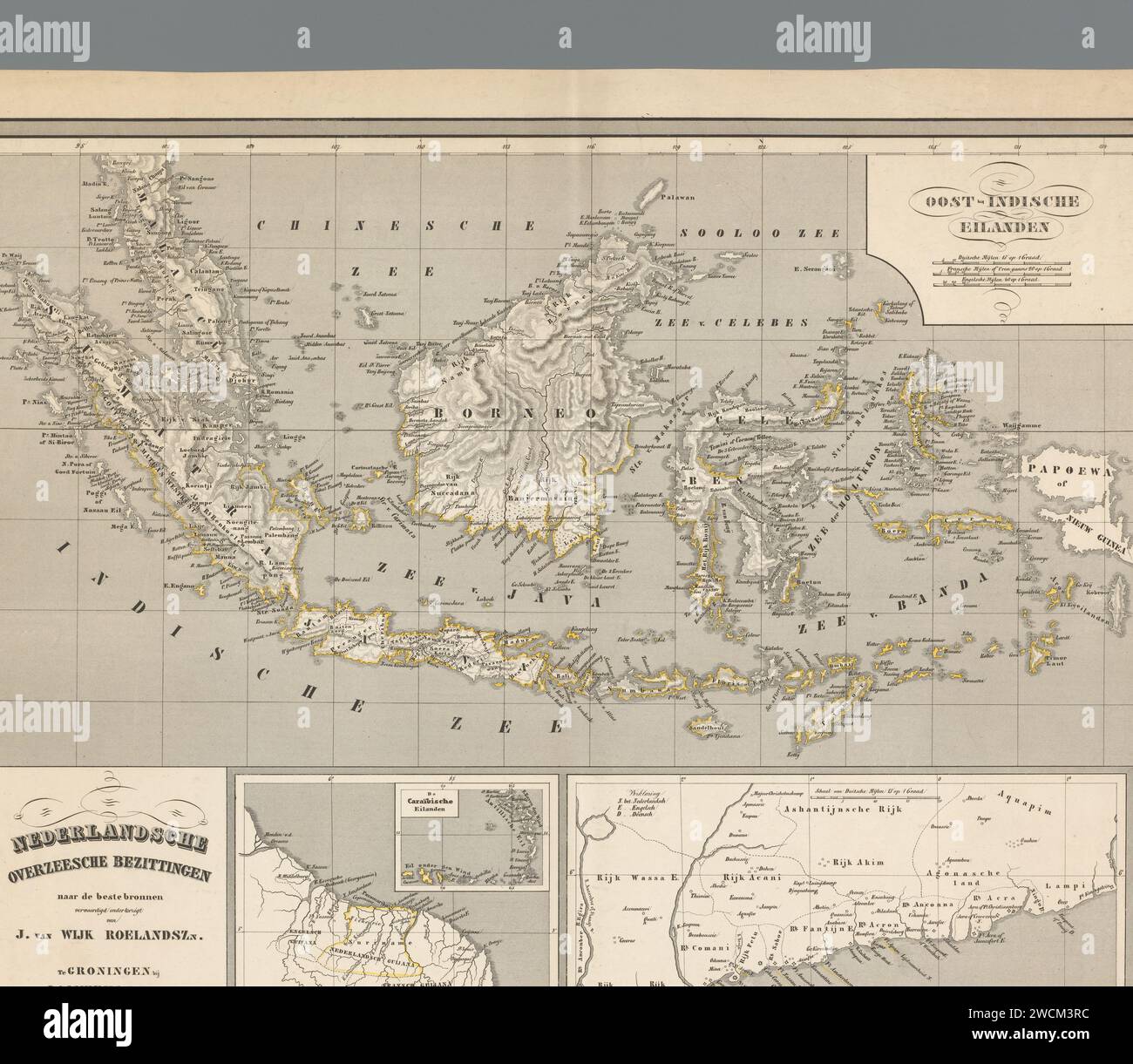 Karte von Indonesien, mit der Nutzung der Küste Südamerikas, der Niederländischen Antillen und der Küste von Guinée, Carl Friedrich Julius de Jaeger, 1841 - 1847 drucken Groningen Papierkarten von getrennten Ländern oder Regionen Indonesiens. Guinea. Suriname. Niederländische Antillen Stockfoto