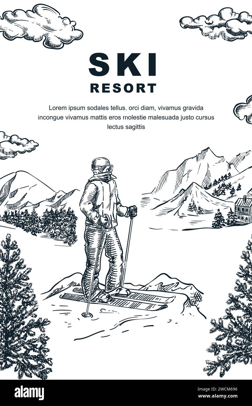 Reiseposter für Skigebiete, Banner-Design. Vektorgrafik von Hand gezeichnet. Skifahrer auf den Bergen, Gipfeln, Hügeln und Pinienwäldern Stock Vektor