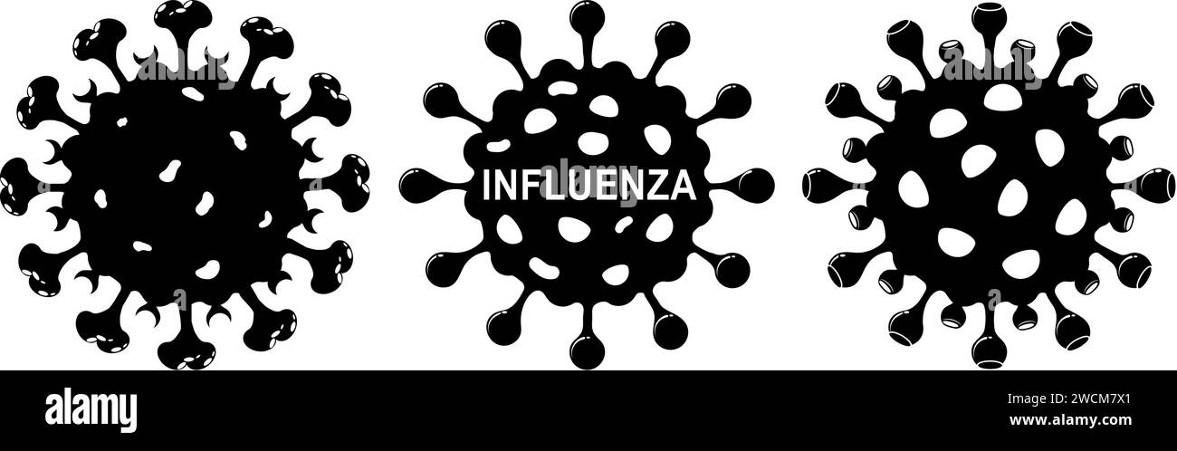 Influenzavirus-Symbol. Schwarz auf weißem Hintergrund isoliert. Erreger einer Atemwegsinfektion oder eines Grippeausbruchs. Grippe-Pandemie. Influenzavirion. Vec Stock Vektor