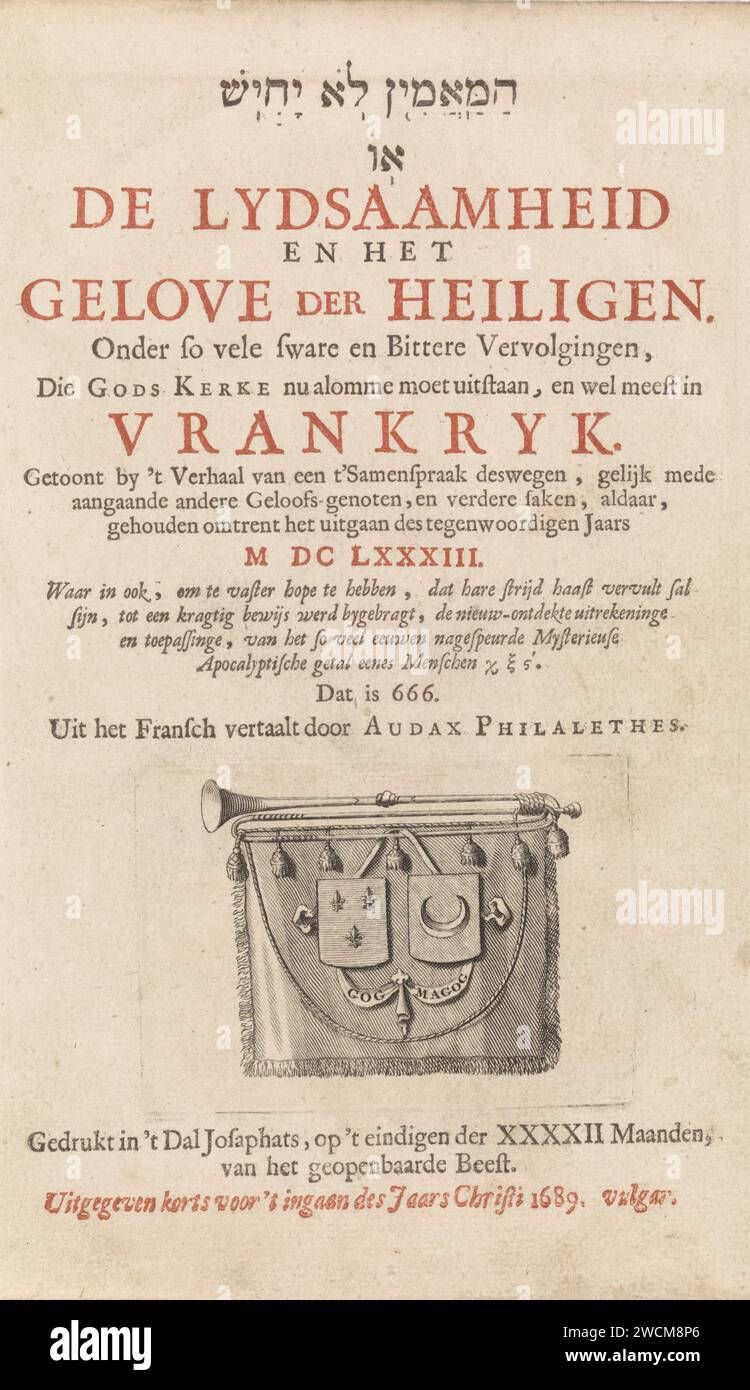 Titelseite für: The lydsaity and the Love of the Saints, 1689, Aert Pietersz. (Möglich), in oder nach 1688 - in oder vor 1689 drucken Sie die Titelseite mit einem Bild einer Trompete mit Banner und Pinseln. Papier Buchdruck Horn, Trompete, Kornett, Posaune, Tuba Stockfoto