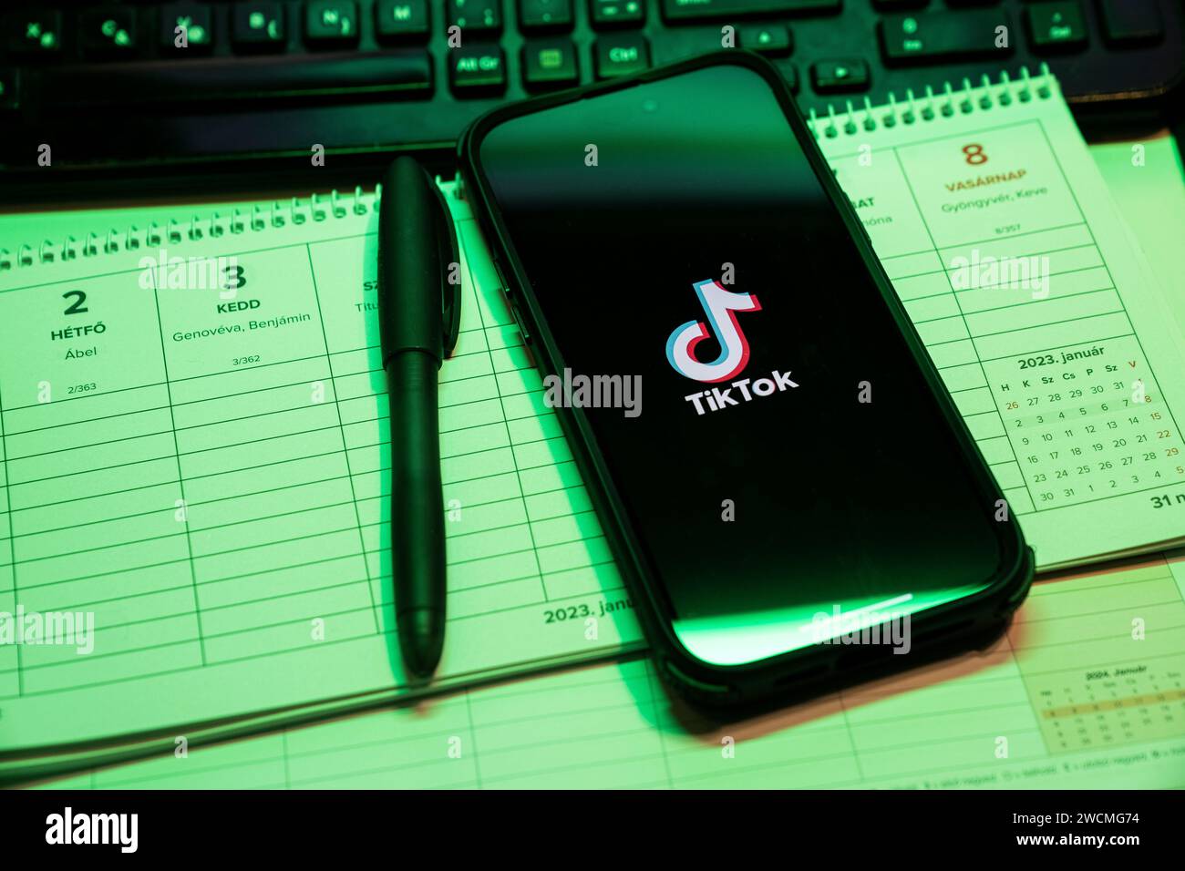 Tik Tok Anwendung auf dem Bildschirm des Apple iPhone 14 Pro Max Smartphones auf der linken Hintergrundtabelle. Büroumgebung. Budapest, Ungarn. Nove Stockfoto