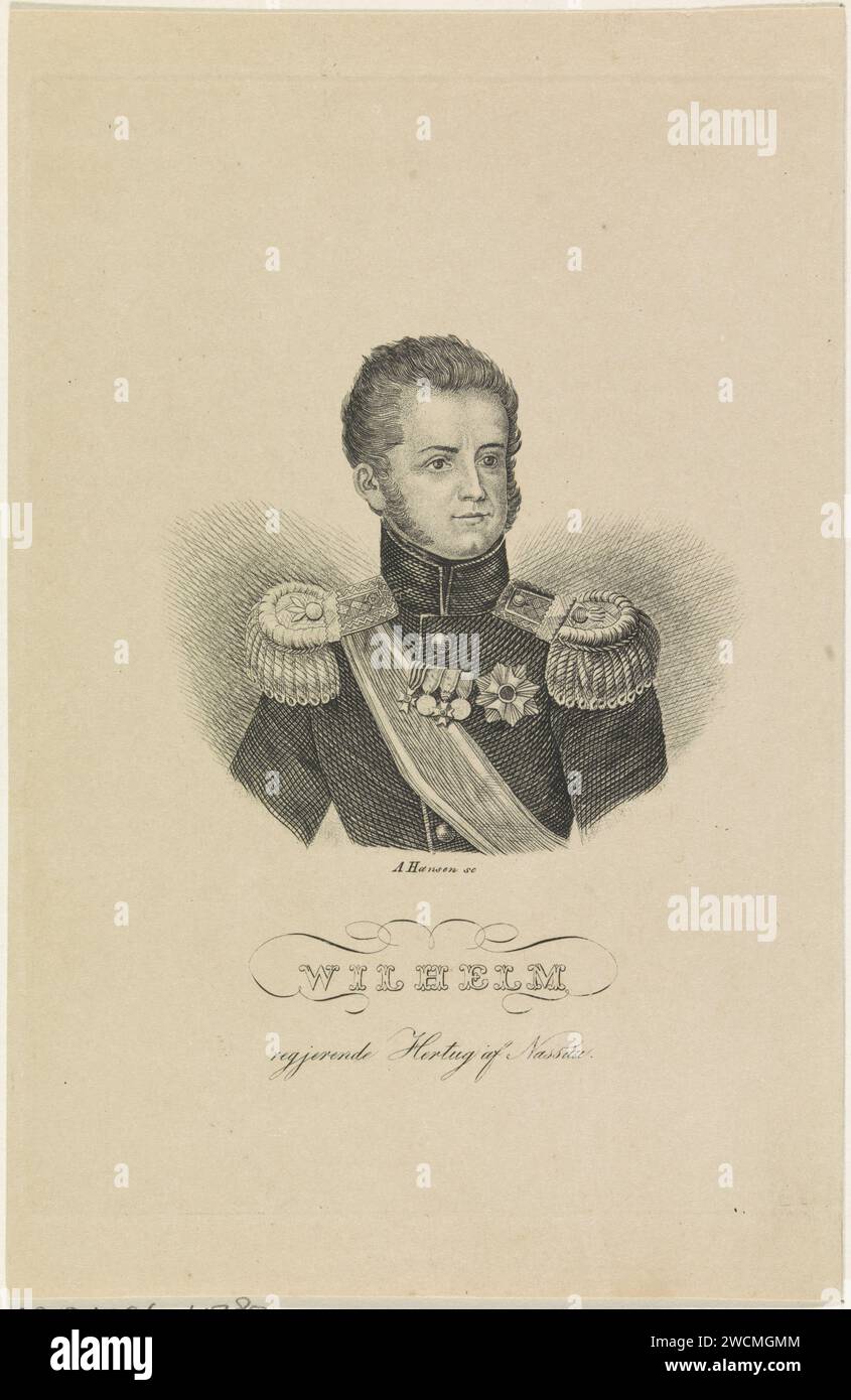 Portrait of Willem van Nassau, A. Hansen, 1810–1899 Printporträt von Willem. Sein Name und sein Titel sind am unteren Rand. Gravur/Ätzung aus Papier in niedrigen Ländern Stockfoto