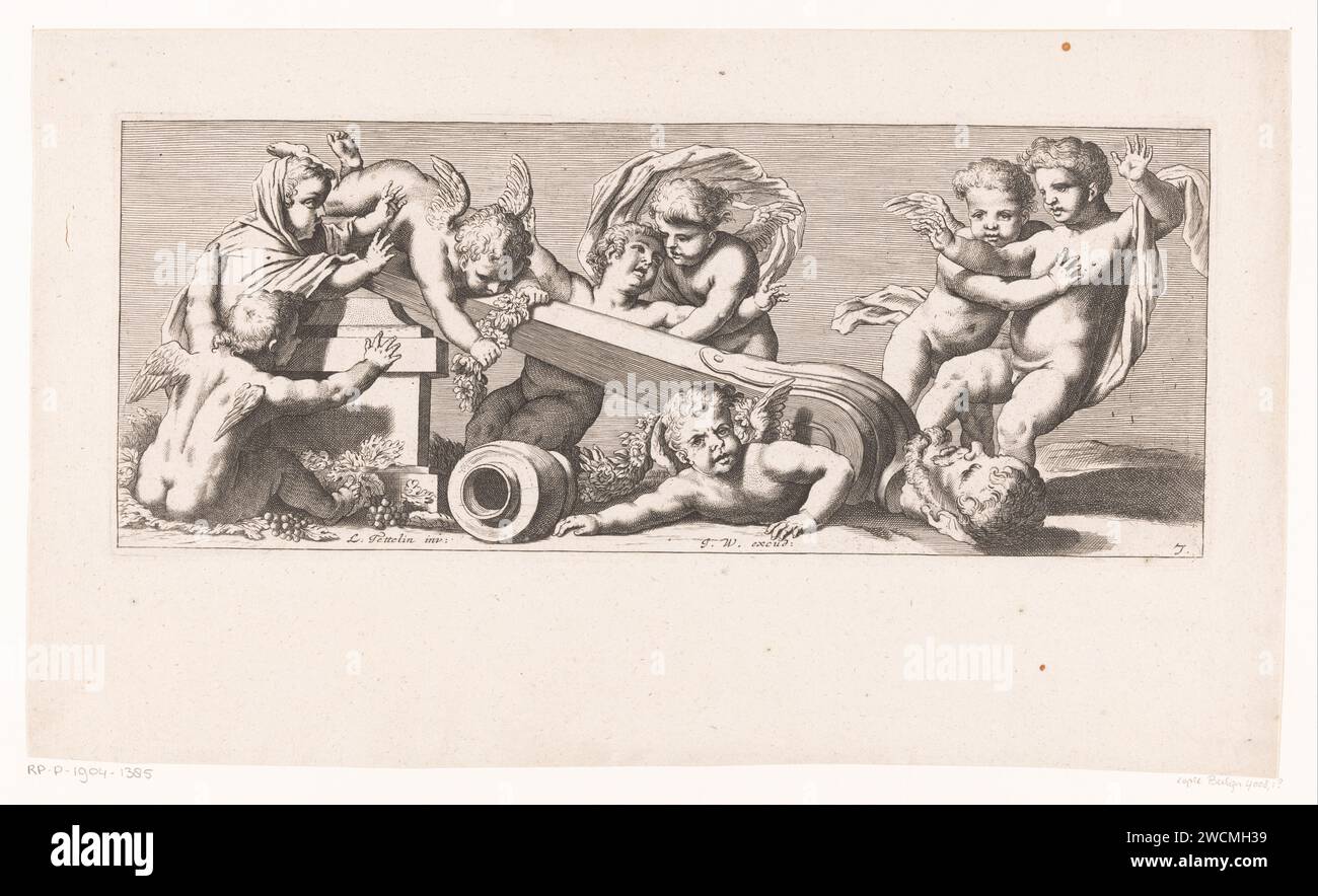 Putti mit gefallenem Begriff, anonym, jeremias Wolf, nach louis Testelin, 1673–1724 drucken Ein Frieser mit Putti mit gefallenem Begriff. Es gibt einen gefallenen Topf oder eine Vase und Weinstöcke. Deutschland Papier-Ätzkupiden: "amores", "amoretti", "Putti". Sockel einer Skulptur (vielleicht in Form eines herms) Stockfoto