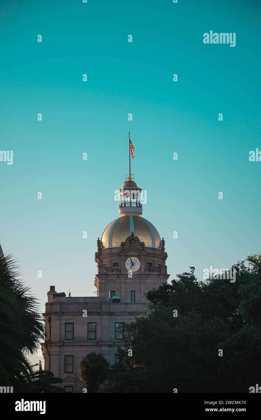 Der Rathausuhrturm in Savannah, Georgia, durch einige Bäume an einem klaren Tag. Stockfoto