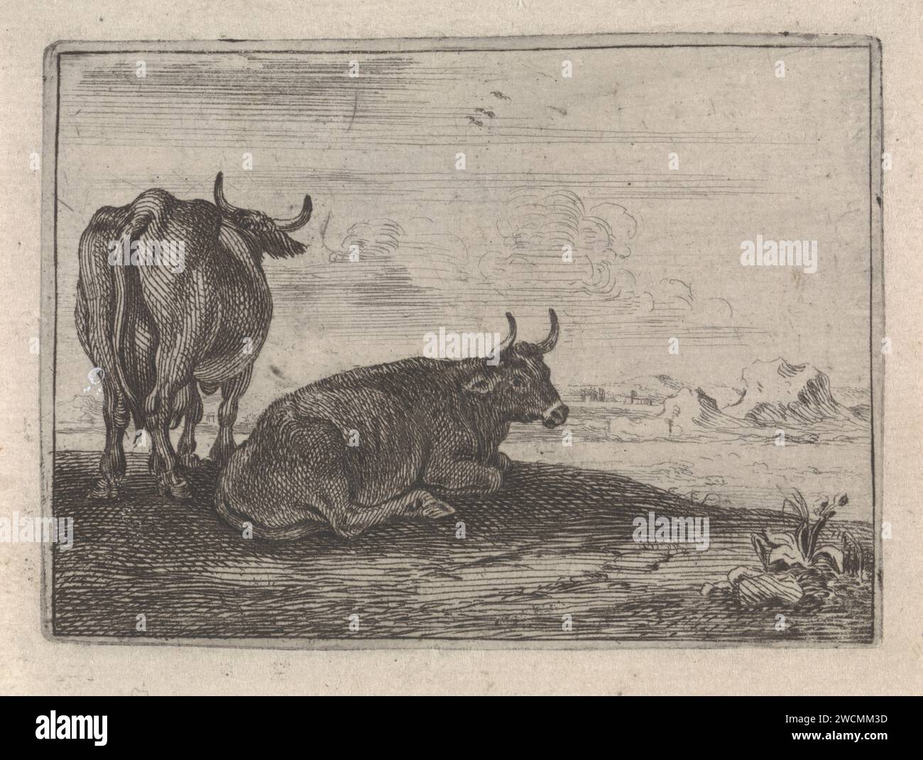 Zwei Kühe in einer Landschaft, Theodorus van Kessel, nach Johannes van den Hecke, 1654 drucken Landschaft mit einer horizontalen und einer stehenden Kuh, beiseite und von hinten gesehen. Berge und Häuser sind im Hintergrund zu sehen. Dieser Druck ist Teil einer zehnteiligen Serie über verschiedene Tiere. Papierätzkuh. Landschaften Stockfoto