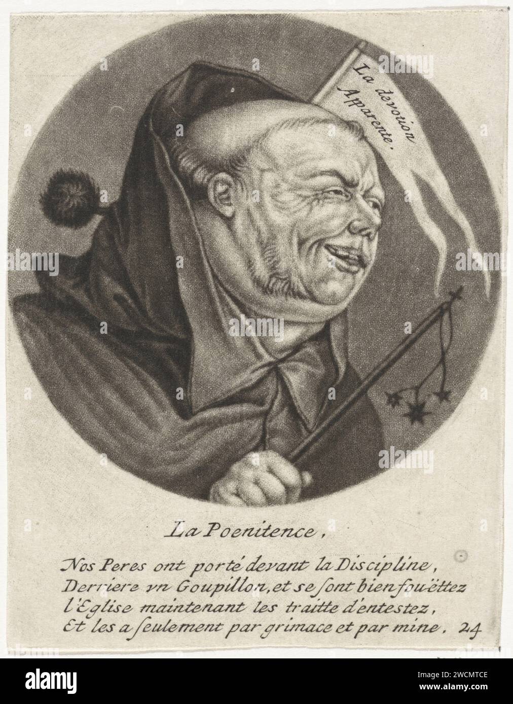 Monnik mit einer Peitsche, Jacob Gole, nach Cornelis DuSart, 1693–1700 drucken Sie Einen Mönch mit einer Peitsche und einer Flagge, auf der der Text „La Devotion Apparente“ steht. Der Druck ist Teil einer Serie mit Karikaturen des französischen Klerus unter Ludwig XIV Papiergravur politischer Karikaturen und Satiren. Peitsche. mönch(e), Mönch(e) Stockfoto