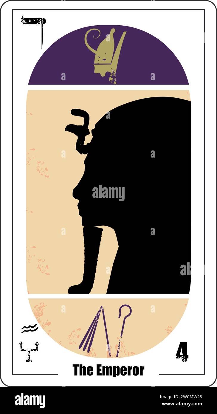 Ägyptische Tarotkarte Nummer vier, genannt Kaiser. Tutanchamun Profil Silhouette. Stock Vektor