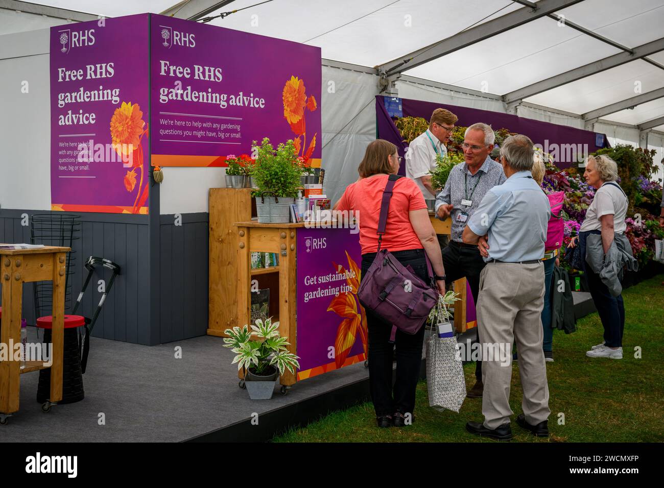 Besucher, die sich mit einem Gartenexperten unterhalten (chatten, sprechen, helfen, Informationen und Anleitung bereitstellen) - Tatton Park Flower Show 2023, Cheshire England, Großbritannien Stockfoto