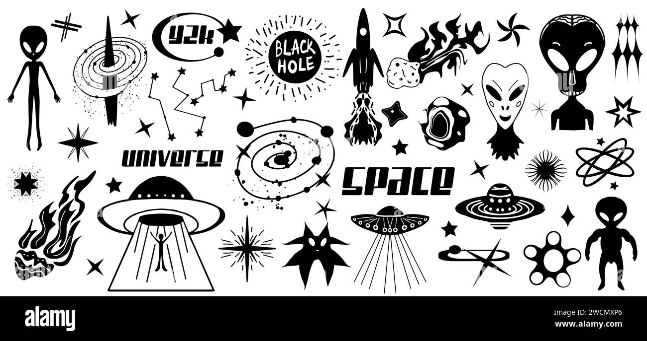 SCI-fi-Symbole eingestellt. UFO, Weltraum, Universum, Zukunft. Fliegende Untertasse, Alien-Symbol, Sterne, Kometen. Schwarze Silhouetten, Tattoodruck für T-Shirts, Logo Stock Vektor