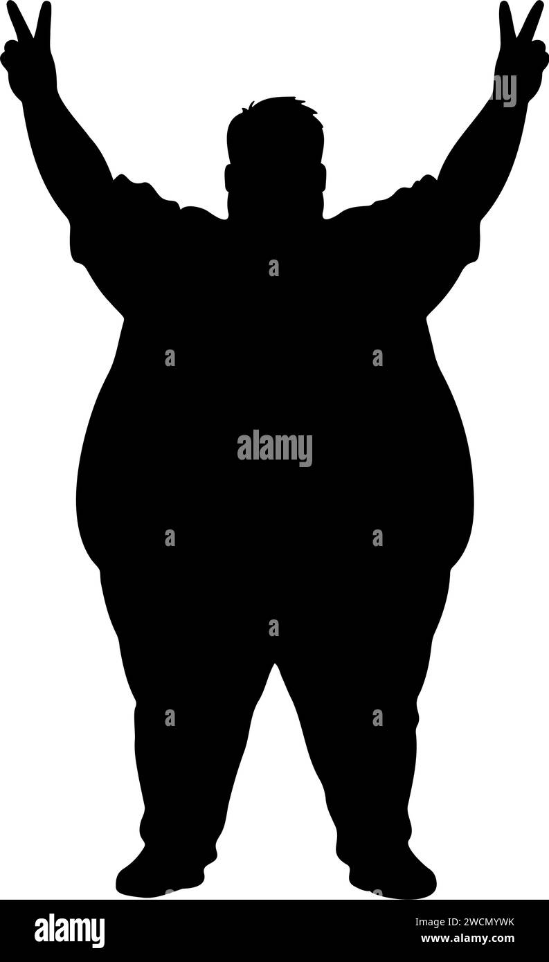 Silhouette eines fettleibigen Mannes, der seine Hände mit einer Siegesgesgestik hebt. Vektorabbildung Stock Vektor