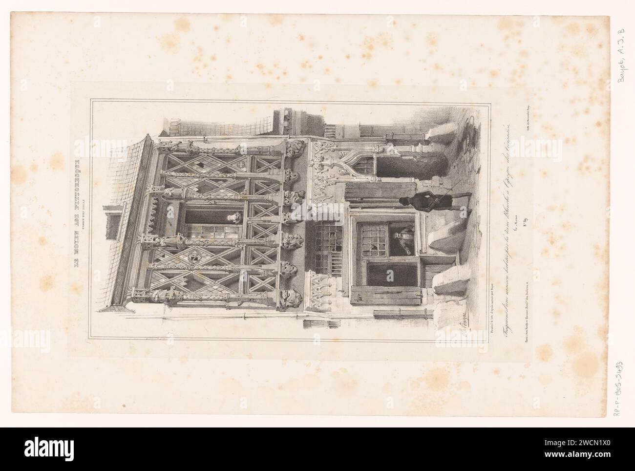 Blick auf das historische Haus der Queen Blanche in Le Mans, Adolphe Jean Baptiste Bayot, 1837 gedruckte Pariser Papierfassade (von Haus oder Gebäude) Le Mans Stockfoto