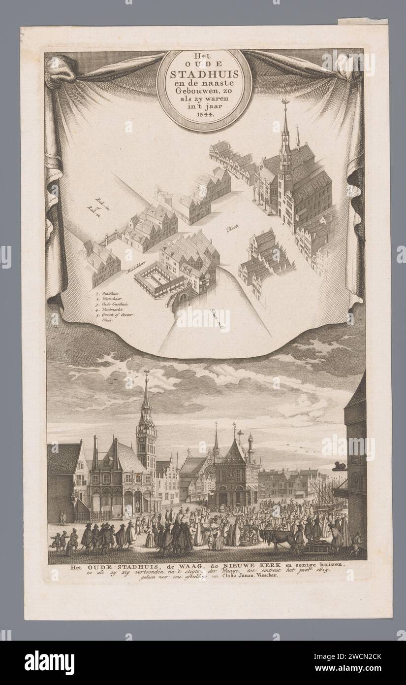 Blick auf das alte Rathaus in Amsterdam und die angrenzenden Gebäude, Anonym, Claes Jansz. Visscher (II), nach Cornelis Anthonisz., C. 1765 Druck mit zwei Bildern. Unter einem Gesicht auf dem alten Rathaus, der Waag, der Nieuwe Kerk und anderen umliegenden Gebäuden, während sie um das Jahr 1615 schauten. Oben in einem Vorhang ein Vogelflugblick auf das alte Rathaus und die umliegenden Gebäude, wie sie 1544 aussahen. Aussichten auf das Dorf, die Silhouette des Dorfes. Village Street Amsterdam Stockfoto