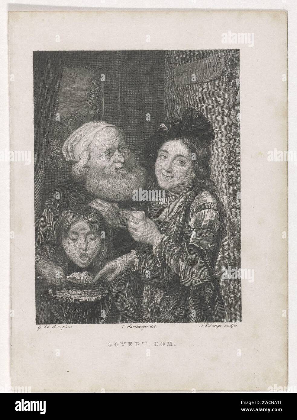 Zwei essende Jungen und ein alter Mann, Johannes Philippus lange, nach Coenraad Hamburger, nach Godfried Schalcken, 1840 drucken zwei Jungen essen Seite an Seite. Der linke isst mit einem Löffel aus einer Pfanne, der rechte hat ein gekochtes Ei in den Händen. Ein alter bärtiger Mann mit Brille sieht den letzten Jungen amüsant an. Rechts neben der Mauer ist ein englischer Spruch angebracht: Jeder ist seine Fantasie (jeder ist Meug). Papier-Stahl-Gravur-Kind. Essen. Alter Mann. Sprüche, Sprüche usw. Stockfoto