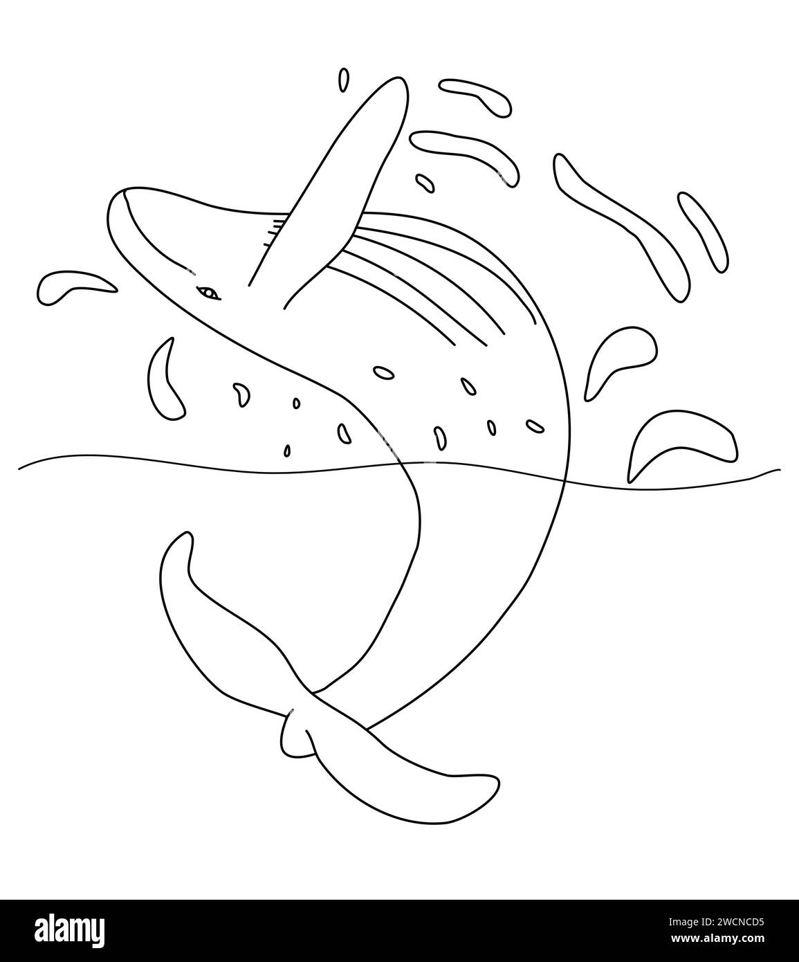 Großer Wal, der aus dem Wasser springt, Doodle-Stil flache Vektor-Umrissillustration für Kinder Malbuch Stock Vektor