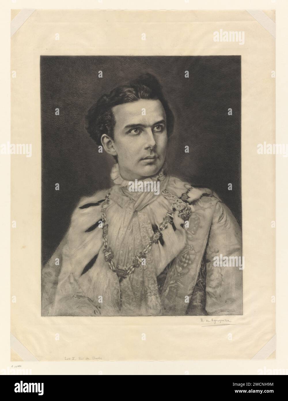 Porträt Ludwigs II., König von Bayern, Rogelio de Egusquiza, 1855 - 1902 gedrucktes Pergament (Tiermaterial), das historische Personen graviert Stockfoto