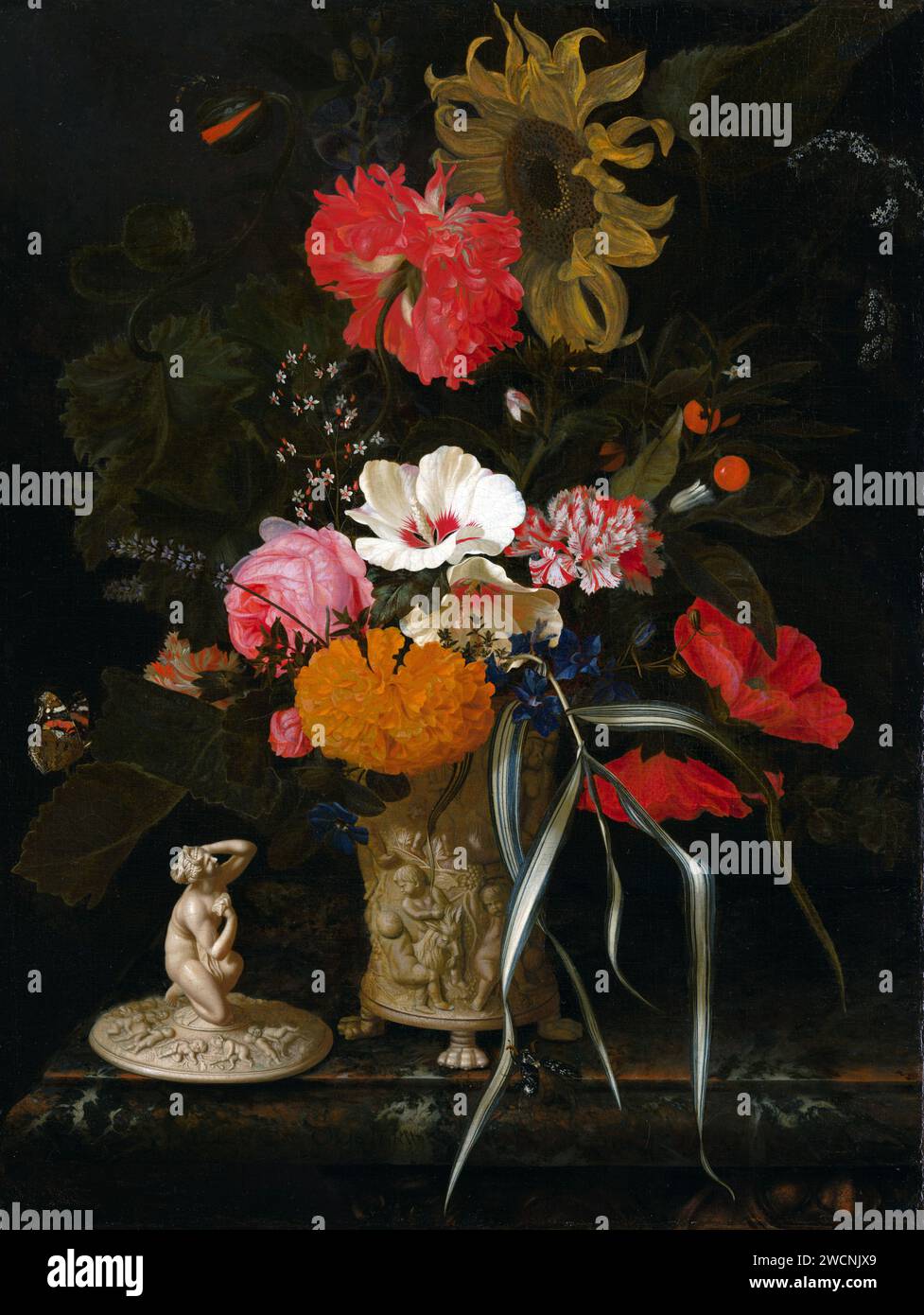 Stillleben mit Blumen in einer dekorativen Vase, Gemälde von Maria van Oosterwyck Stockfoto