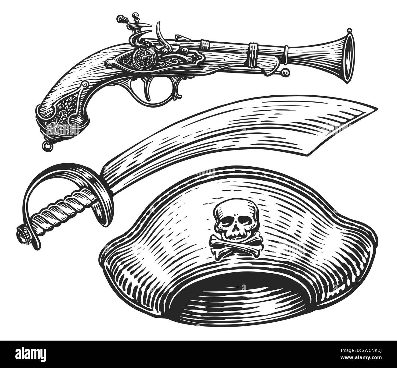 Set von Piratenutensilien. Säbel, Pistole, Hut mit Jolly Roger. Handgezeichnete Vektorgrafik Stock Vektor