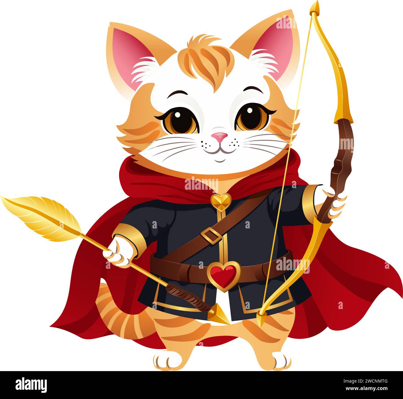 Karikaturkatze mit goldenem Bogen und Pfeil. Cat Bocher ist eine niedliche Figur in einem roten cape, üppige Kleidung mit Gürtel und Herzschnalle. Vektorillus Stock Vektor