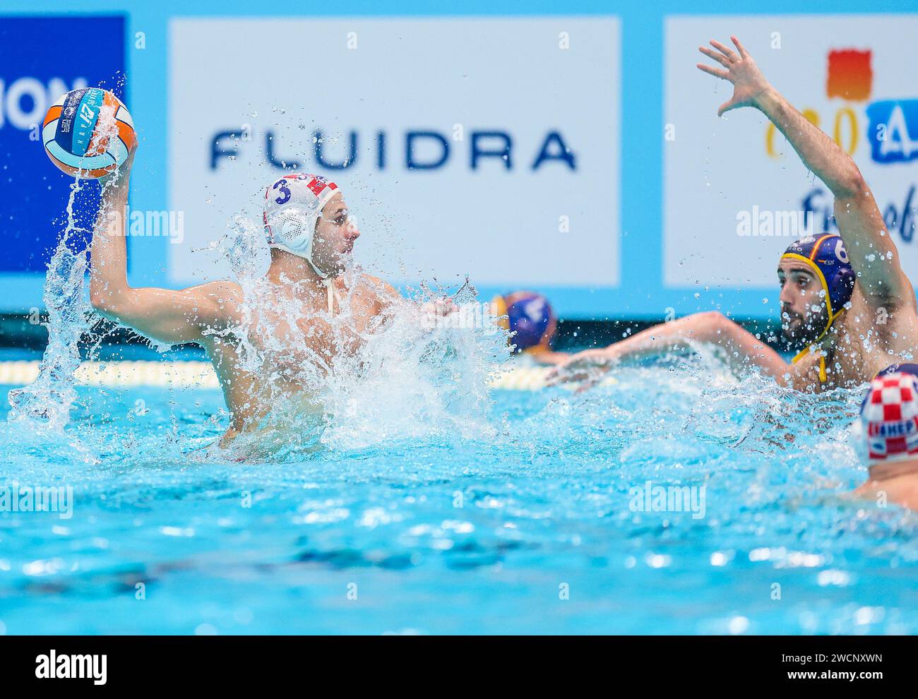 Zagreb, Kroatien. Januar 2024. ZAGREB, KROATIEN - 16. JANUAR: Loren Fatovic von Kroatien im Kampf beim Gold-Medaillenspiel der Wasserpolo-Europameisterschaft 2024 zwischen Kroatien und Spanien im Mladost Pool am 16. Januar 2024 in Zagreb, Kroatien. Foto: Sanjin Strukic/PIXSELL Credit: Pixsell/Alamy Live News Stockfoto