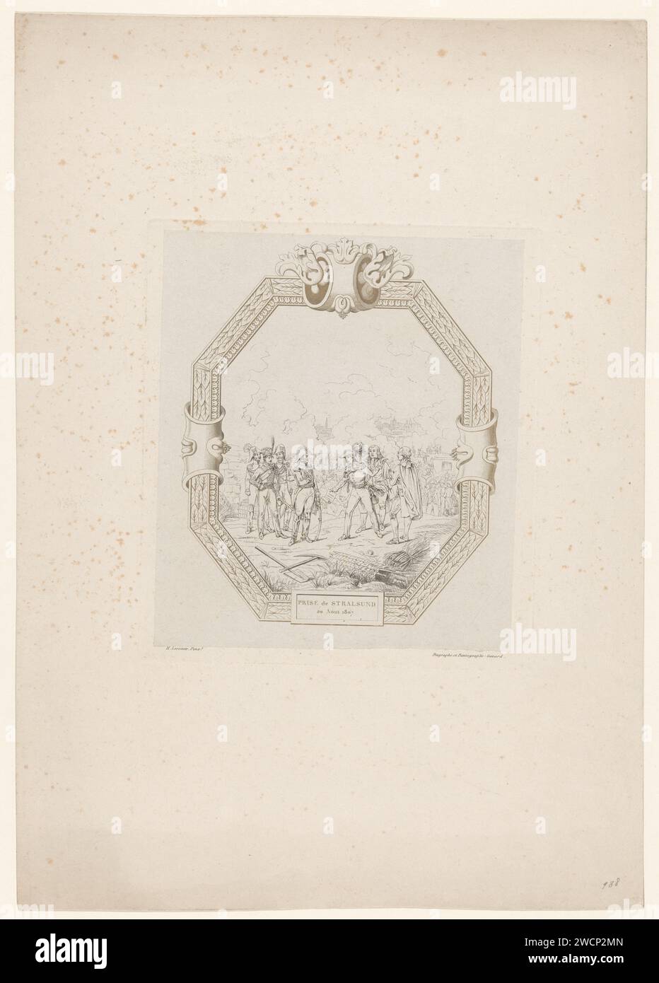 Inname van Stralsund, 1807, Charles Gavard, nach Hippolyte Lecomte, 1835–1871 Druck Stralsund von den Truppen Napoleons nach einer Belagerung vom 30. Januar bis 24. August 1807 eingenommen. Darstellung der Kapitulation der Stadt in einer ornamentalen achteckigen Begleitung. Auf das Gemälde von Lecomte aus dem Jahr 1835 in den Galeries Historiques de Versailles. Frankreich . Etching Hingabe  war Stralsund Stockfoto