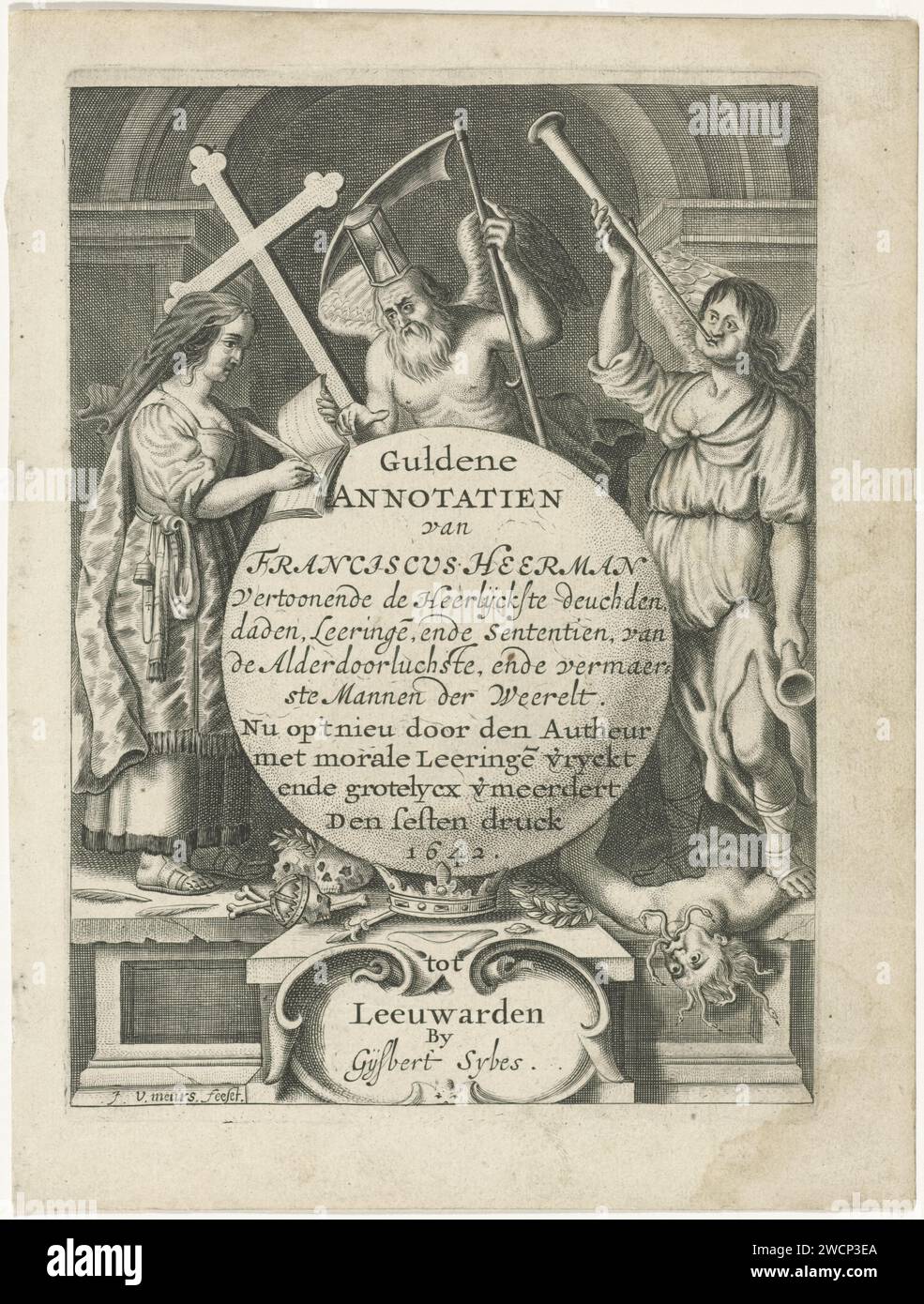 Geschichte, Vaterzeit und de Faam, Jacob van Meurs, 1642 Druck links Geschichte schreibt in einem Buch. Vaterzeit, mit Sense und Sanduhr, zeigt auf den Titel. Richtig berühmt, auf dem Neid zu stehen. Titelseite für ein Buch über berühmte Menschen. Leeuwarden Papierstich „Historia“; „Historia“ (Ripa). Vater Zeit, Mann mit Flügeln und Sense. Fame; 'Fama', 'Fama buona', 'Fama chiara' (Ripa). Neid; 'Invidia' (Ripa)  Personifizierung einer der sieben tödlichen Sünden Stockfoto